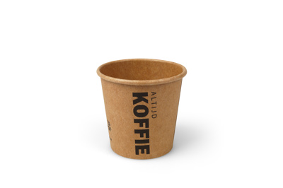 Koffiebekers 118 ml (4 oz), karton Ø 6,3 x 6,2 cm bruin met bedrukking "Altijd Koffie"