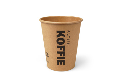 Koffiebekers 237 ml (8 oz), karton Ø 8 x 9,2 cm bruin met bedrukking "Altijd Koffie"