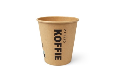 Koffiebekers 250 ml (10 oz), karton Ø 9 x 9,5 cm bruin met bedrukking "Altijd Koffie"