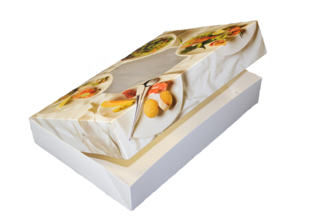 Cateringdozen, karton 35,7 x 24,7 x 8 cm wit met bedrukking "Quattro Bianco"