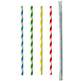 Drinkrietjes per stuk verpakt, papier Ø 6 mm x 20 cm verschillende kleuren "Stripes"