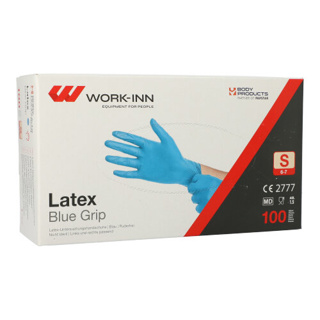 Handschoenen "WORK-INN" Latex poedervrij blauw "Blue Grip" Maat S