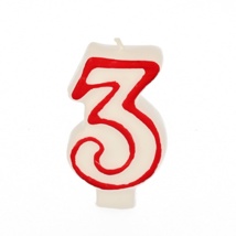 Verjaardagskaarsjes 7,3 cm wit "3" met rode rand