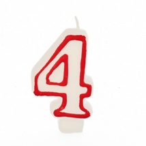 Verjaardagskaarsjes 7,3 cm wit "4" met rode rand
