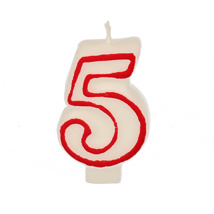 Verjaardagskaarsjes 7,3 cm wit "5" met rode rand