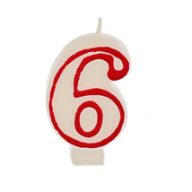 Verjaardagskaarsjes 7,3 cm wit "6" met rode rand