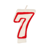 Verjaardagskaarsjes 7,3 cm wit "7" met rode rand