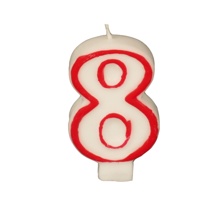 Verjaardagskaarsjes 7,3 cm wit "8" met rode rand