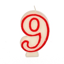 Verjaardagskaarsjes 7,3 cm wit "9" met rode rand
