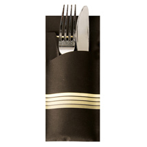 Bestekzakjes 20 cm x 8,5 cm zwart/creme "Stripes" inclusief gekleurde servet 33 x 33 cm , 2-laags