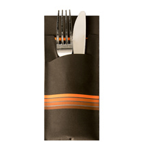 Bestekzakjes 20 cm x 8,5 cm zwart/oranje "Stripes" inclusief gekleurde servet 33 x 33 cm , 2-laags