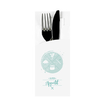 Bestekzakjes 20 cm x 8,5 cm wit met opdruk "Guten Appetit" inclusief wit servet 33 x 33 cm 2-laags